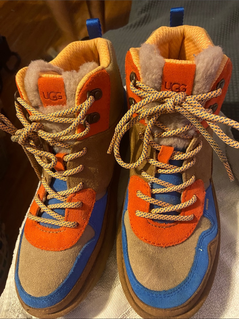 UGG Kids Tan Suede Boots with Bright Orange & Blue Accents